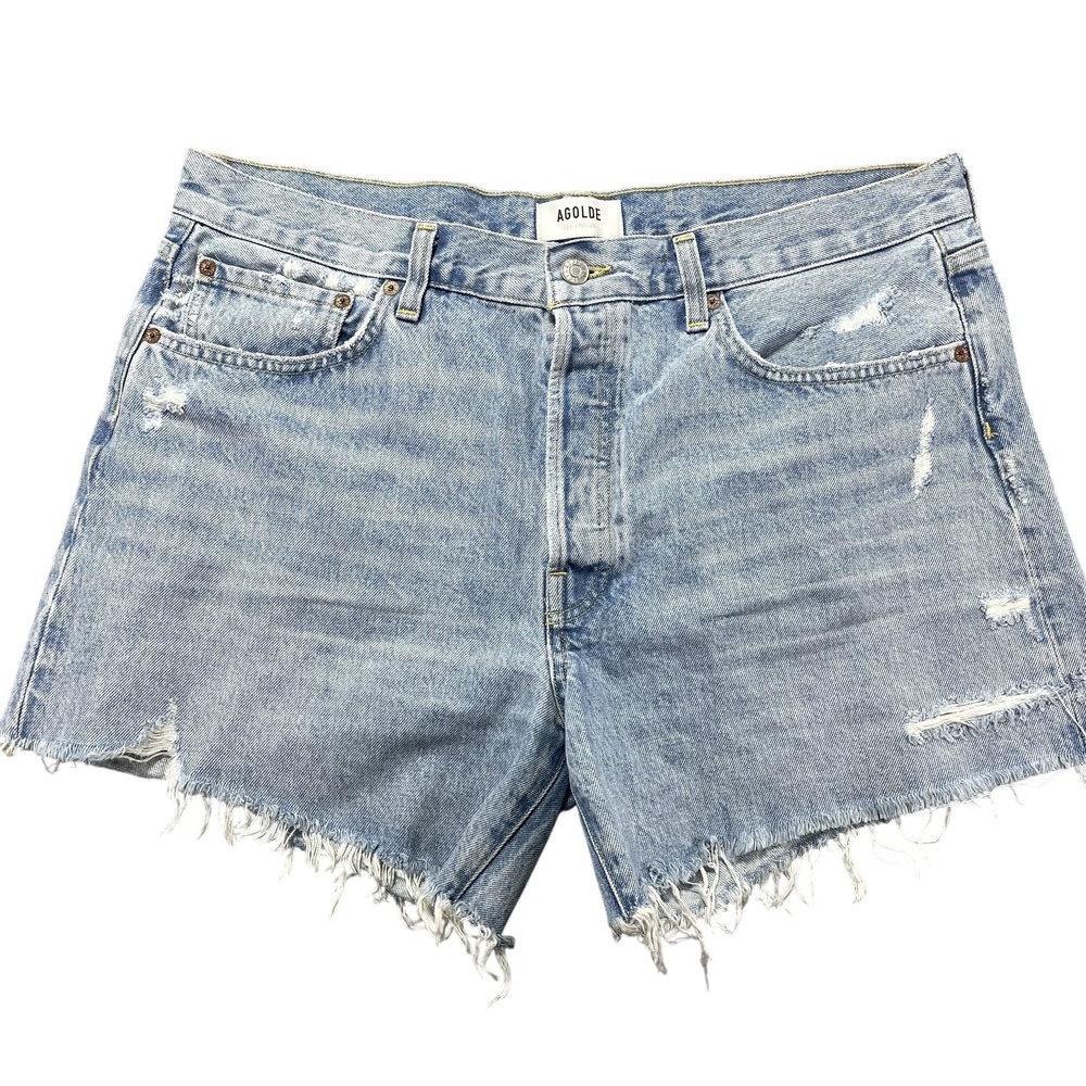 AGOLDE Parker Long Shorts Womens 32 Blue Denim Cutoff Frayed 4.5" Inseam